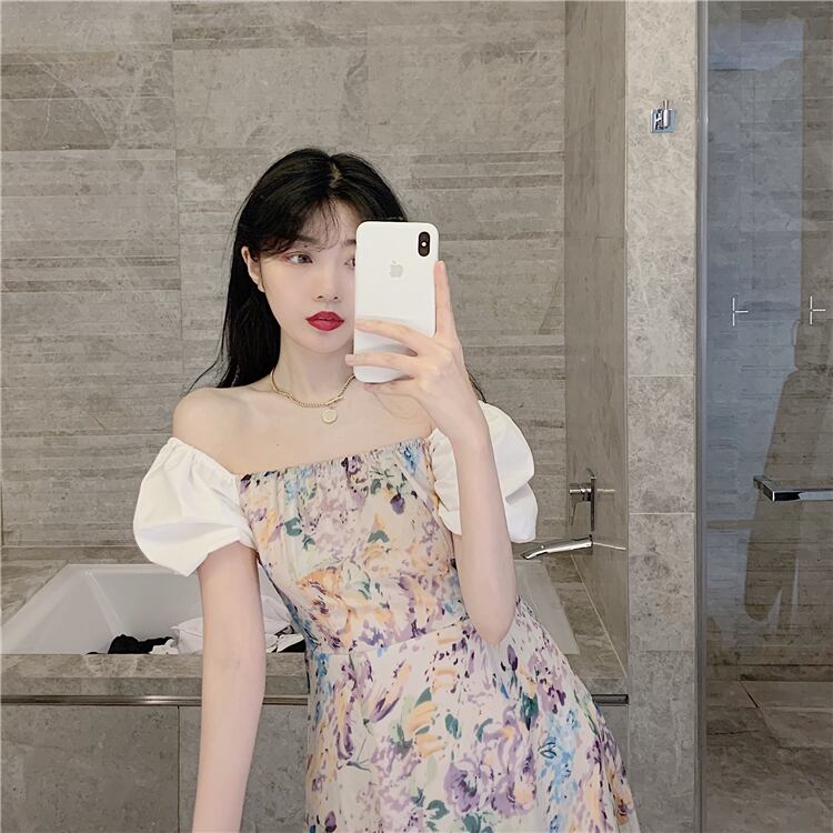 【dress】美人度アップ韓国系森ガール気質ボートネックパフスリーブ花柄スカート