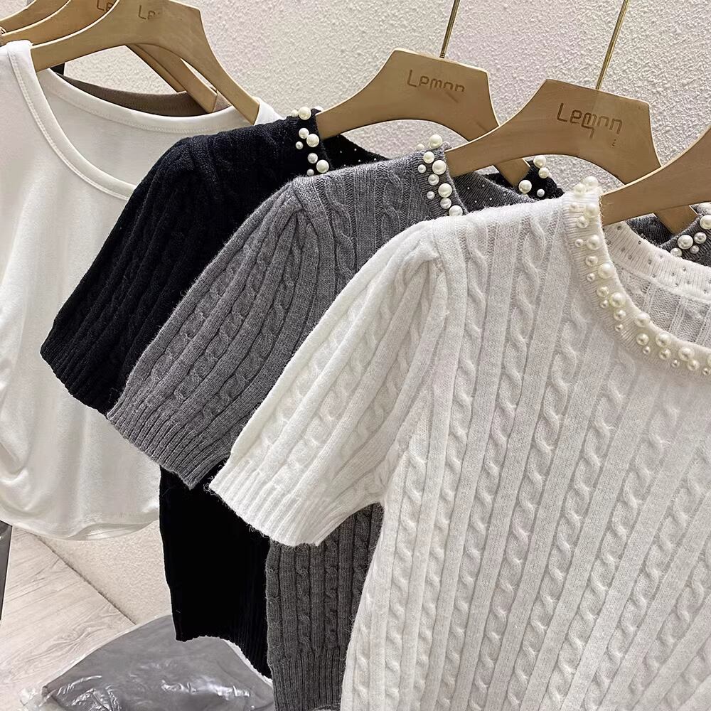 【tops】パール半袖ニットトップス M21885