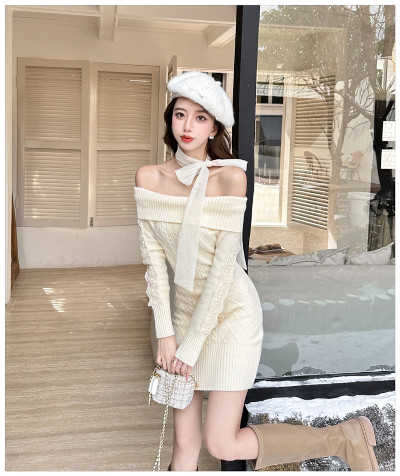 【Dress】リボンオフショルニットワンピース W14595