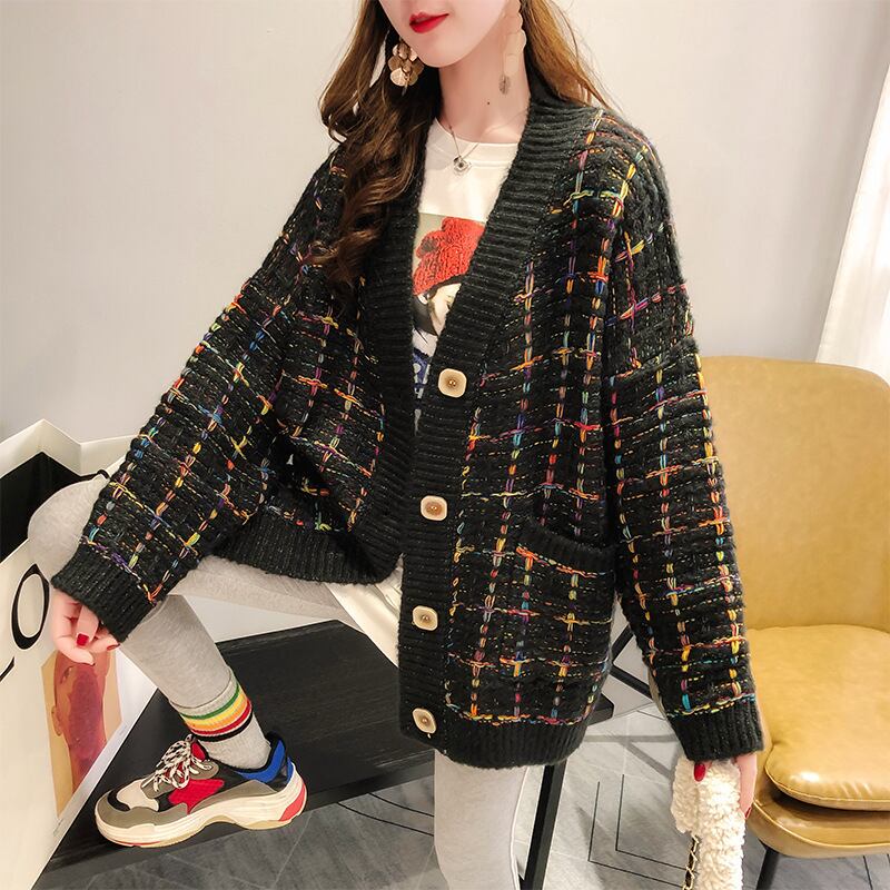 【outer】清新気質アップチェック柄カーディガン2色合わせやすい