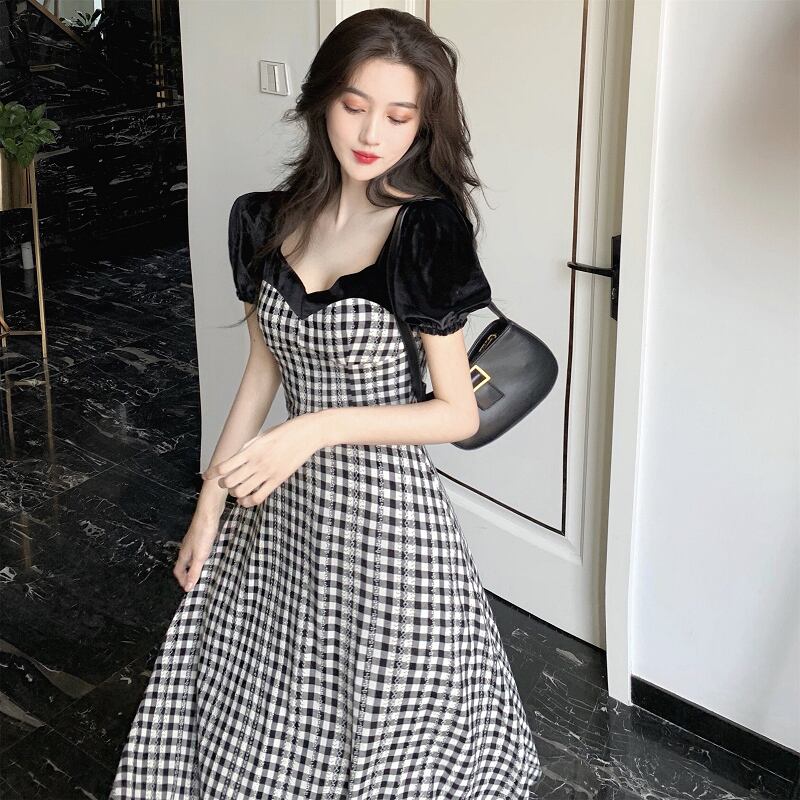 【dress】好感度UP!韓国系気質満点スウィートスクエアネックチェック柄スカート