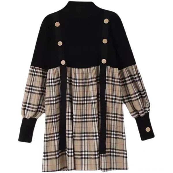 【Dress】長袖切り替えチェック柄ワンピース W13710