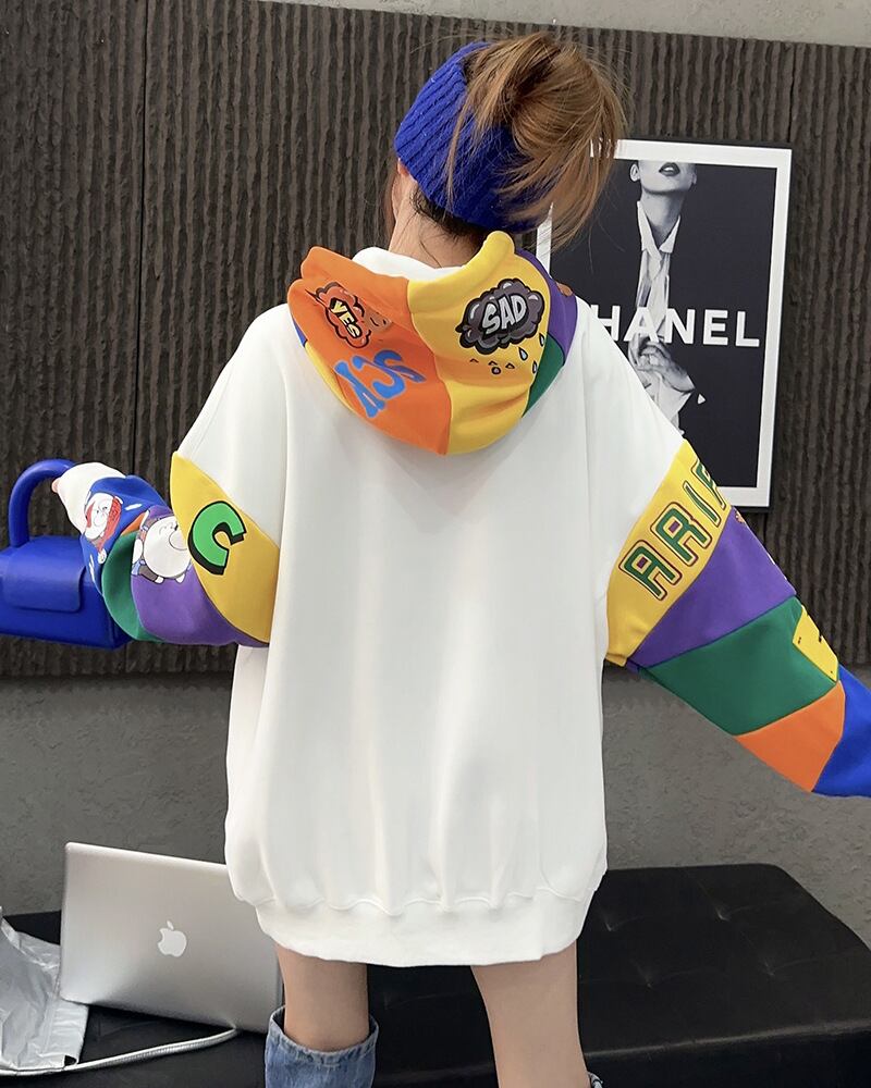 【tops】配色プリントフーディー T0144