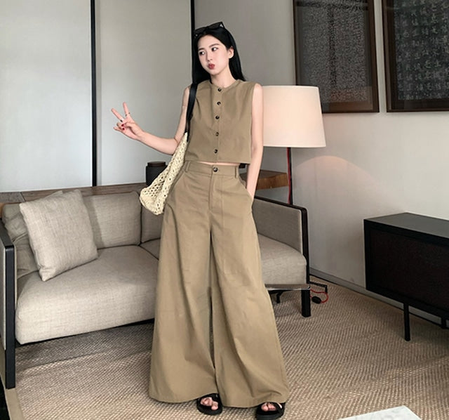 【Set】予約通販~2WAYノースリーブトップス×ワイドパンツセット W11809