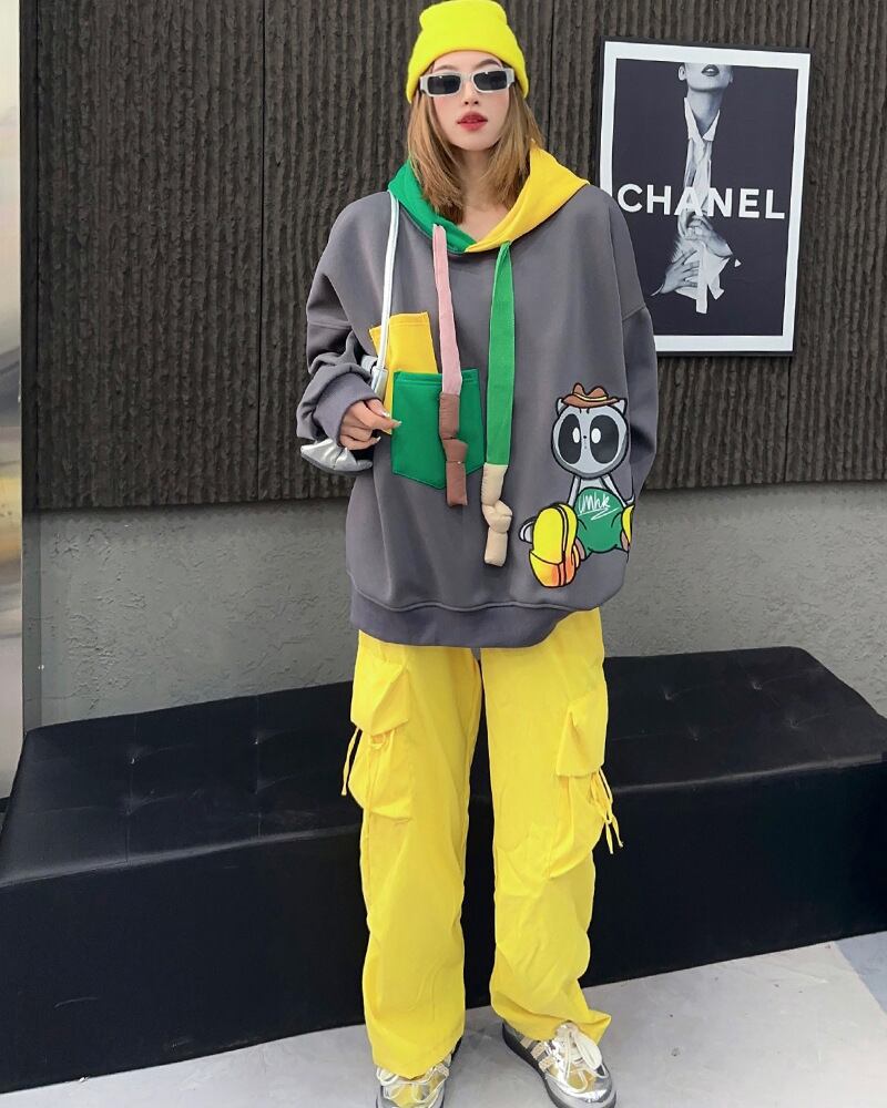 【tops】配色プリントフーディー T0147