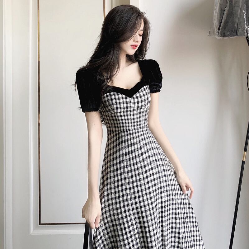 【dress】好感度UP!韓国系気質満点スウィートスクエアネックチェック柄スカート