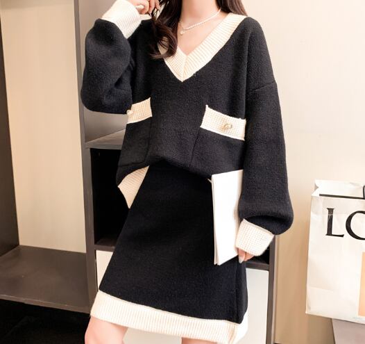 【set】韓国エレガントカシミヤプランジングネック2点セット