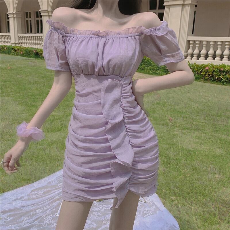 【dress】美人度アップ!韓国系セクシーフリルパフスリーブボートネックAライン