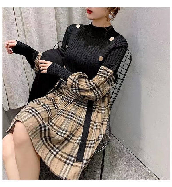 【Dress】長袖切り替えチェック柄ワンピース W13710