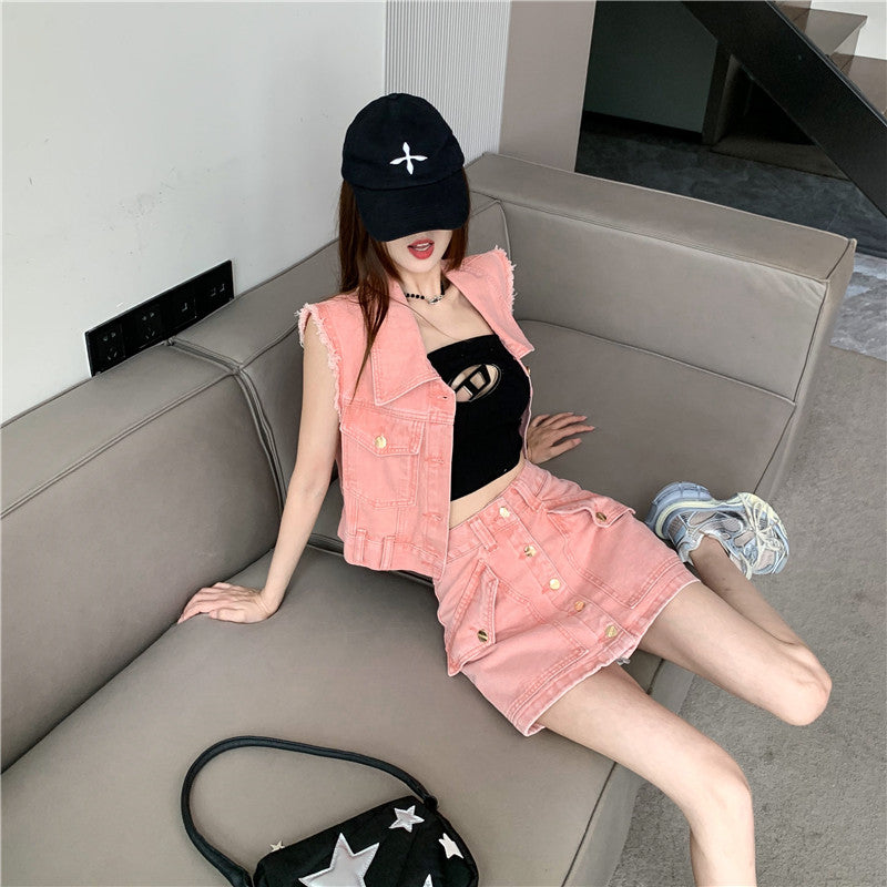 【Set】ベスト×スカートデニムセット W11938