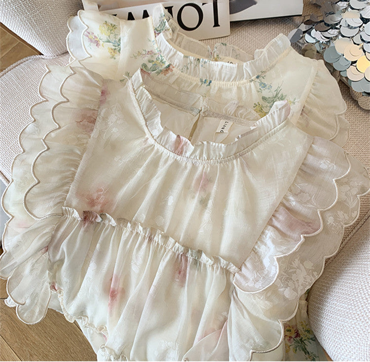 【Tops】フリル花柄ブラウス W11827