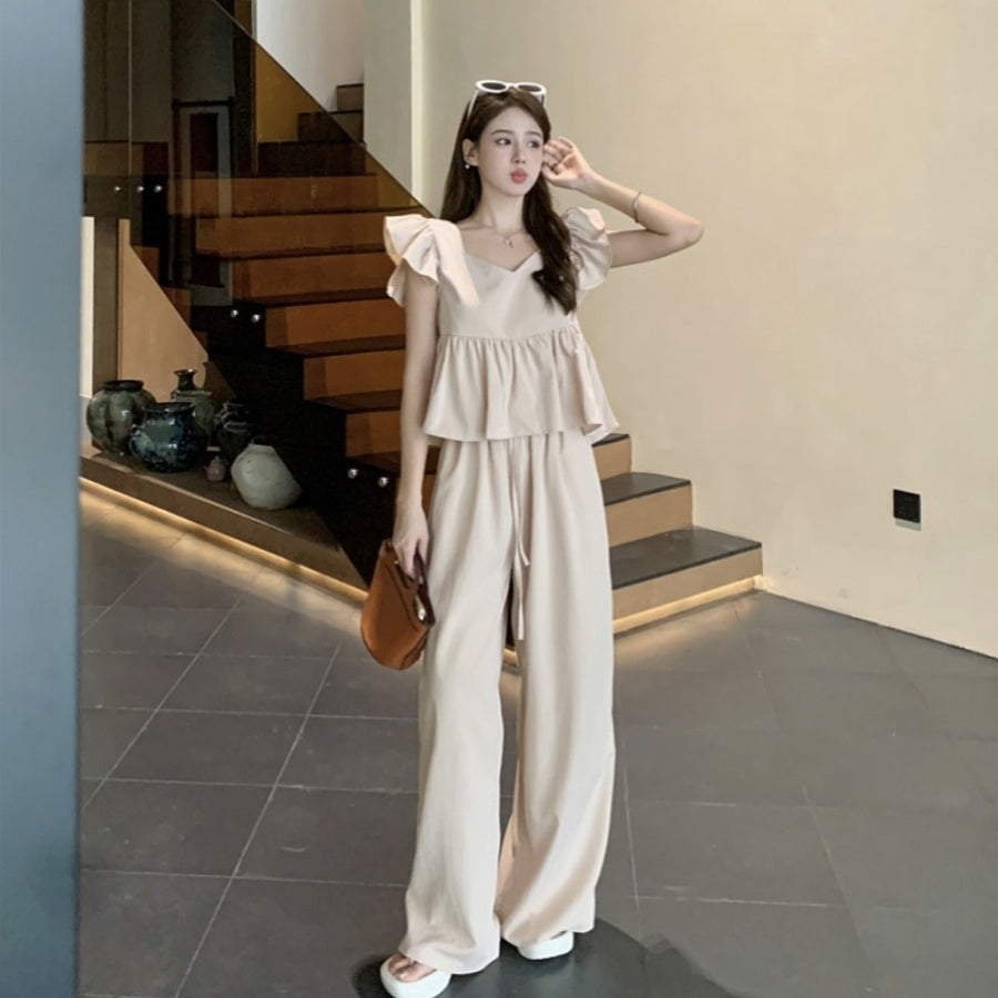 【Set】フライングスリーブトップ+カジュアルパンツ2点セット T0659