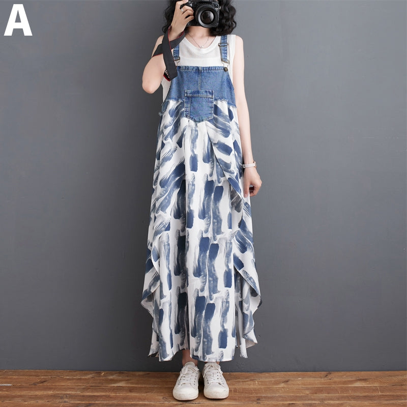 【Dress】デニム切り替えサロペットワンピース T01076