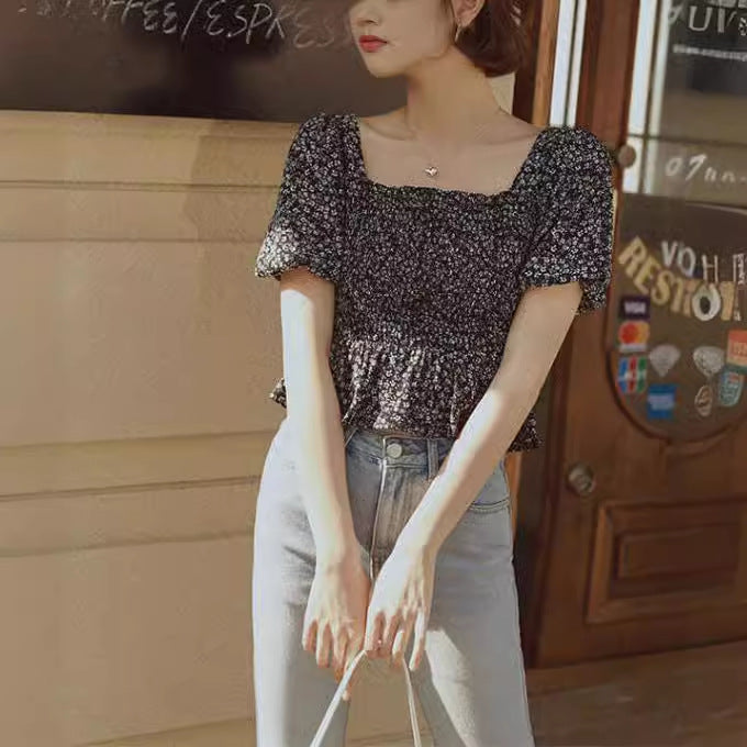 【Tops】花柄パフスリーブブラウス T0710