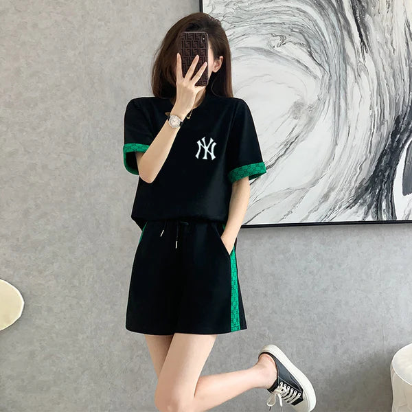 【Set】3色英字柄Tシャツ+ショートパンツ2点セット W12689