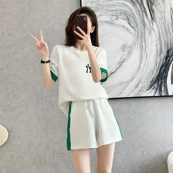 【Set】3色英字柄Tシャツ+ショートパンツ2点セット W12689