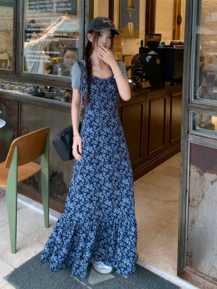 【Set】花柄キャミソールワンピース+Tシャツ2点セット T0650