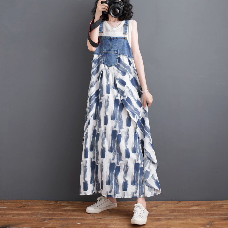 【Dress】デニム切り替えサロペットワンピース T01076