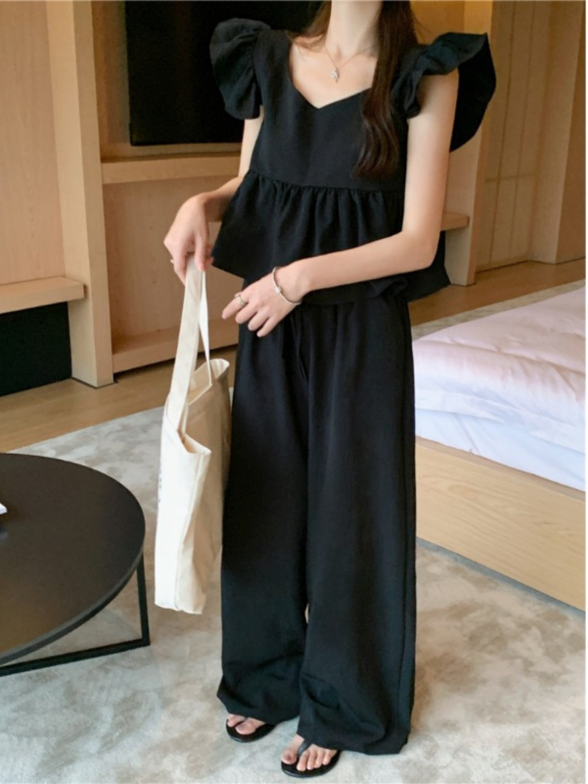 【Set】フライングスリーブトップ+カジュアルパンツ2点セット T0659