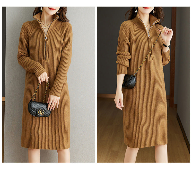【Dress】ファスナーデザインフェミニン無地ニットワンピース T-0052