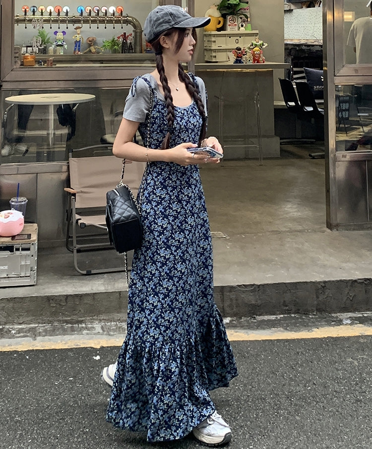 【Set】花柄キャミソールワンピース+Tシャツ2点セット T0650