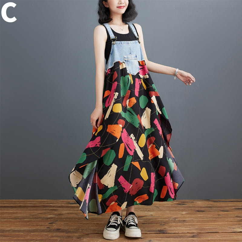 【Dress】デニム切り替えサロペットワンピース T01076
