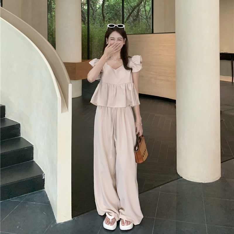 【Set】フライングスリーブトップ+カジュアルパンツ2点セット T0659