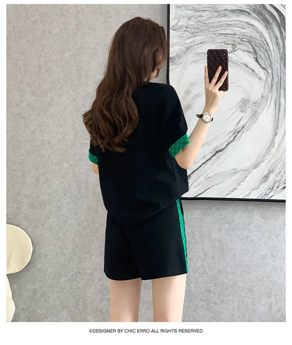 【Set】3色英字柄Tシャツ+ショートパンツ2点セット W12689