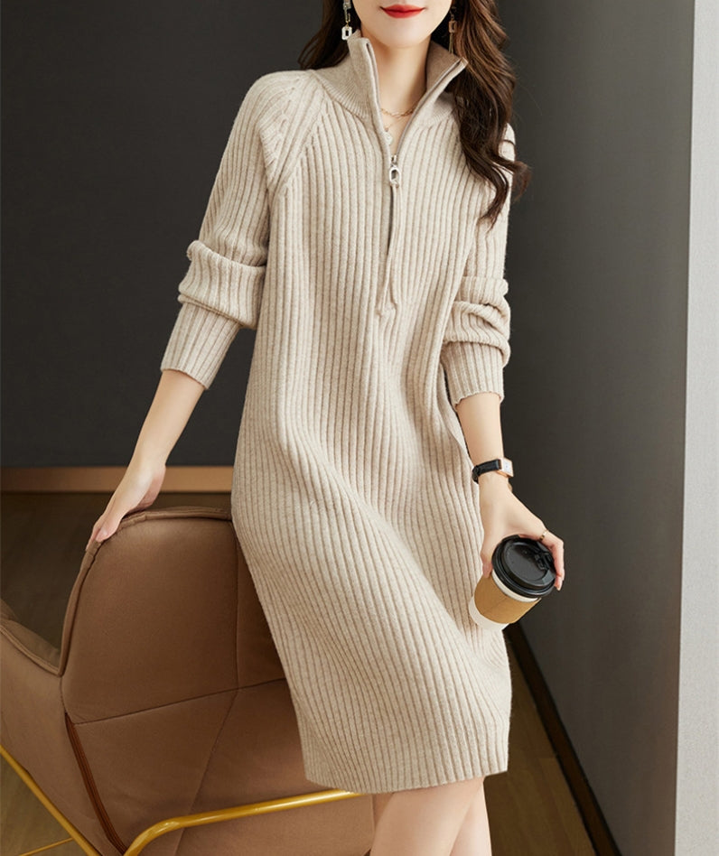 【Dress】ファスナーデザインフェミニン無地ニットワンピース T-0052