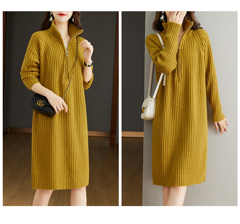 【Dress】ファスナーデザインフェミニン無地ニットワンピース T-0052