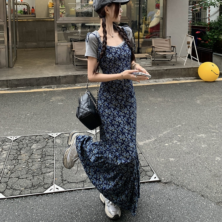 【Set】花柄キャミソールワンピース+Tシャツ2点セット T0650