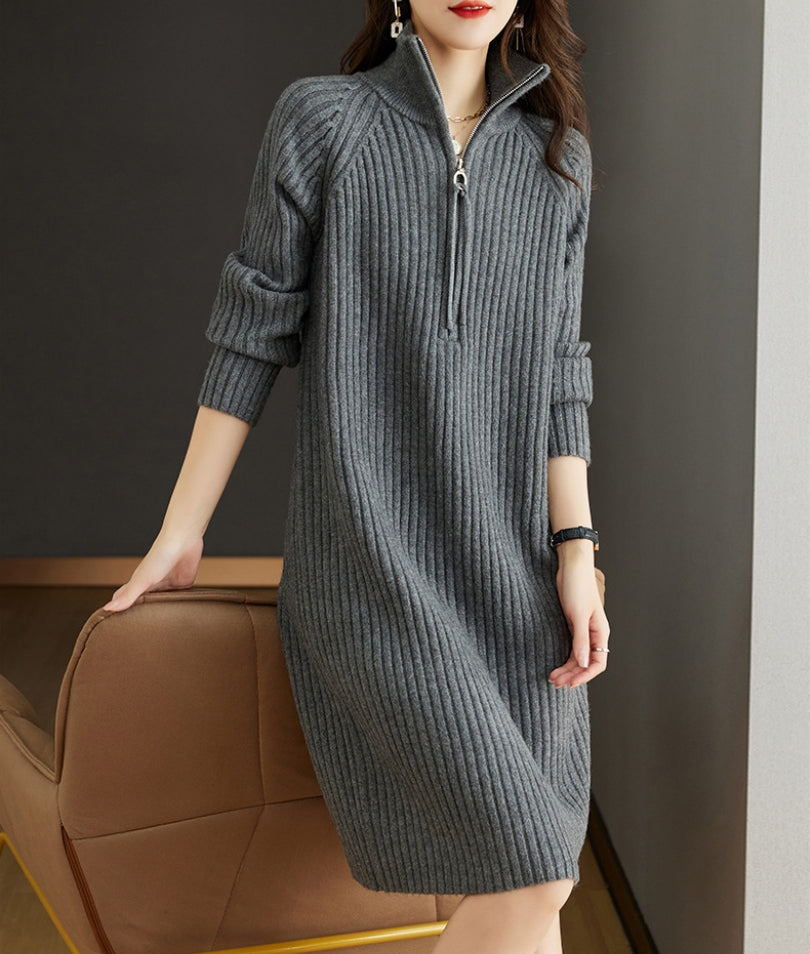 【Dress】ファスナーデザインフェミニン無地ニットワンピース T-0052