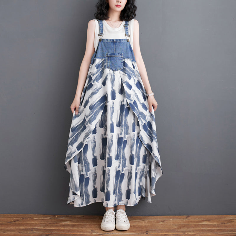 【Dress】デニム切り替えサロペットワンピース T01076