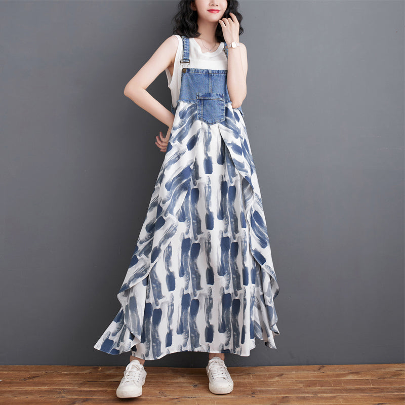 【Dress】デニム切り替えサロペットワンピース T01076