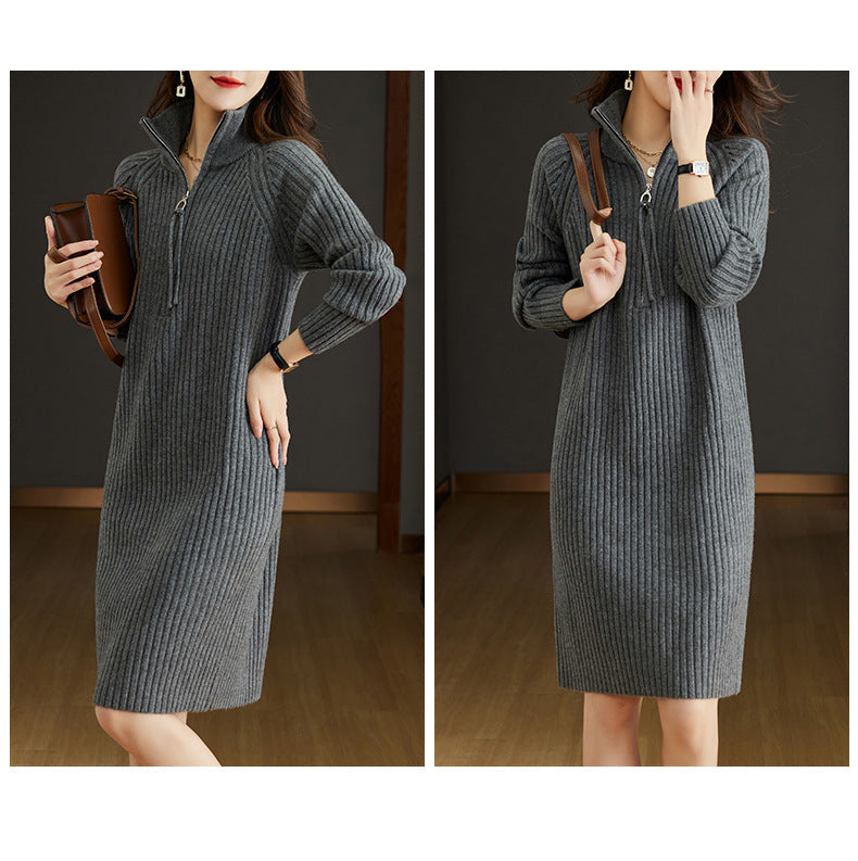 【Dress】ファスナーデザインフェミニン無地ニットワンピース T-0052