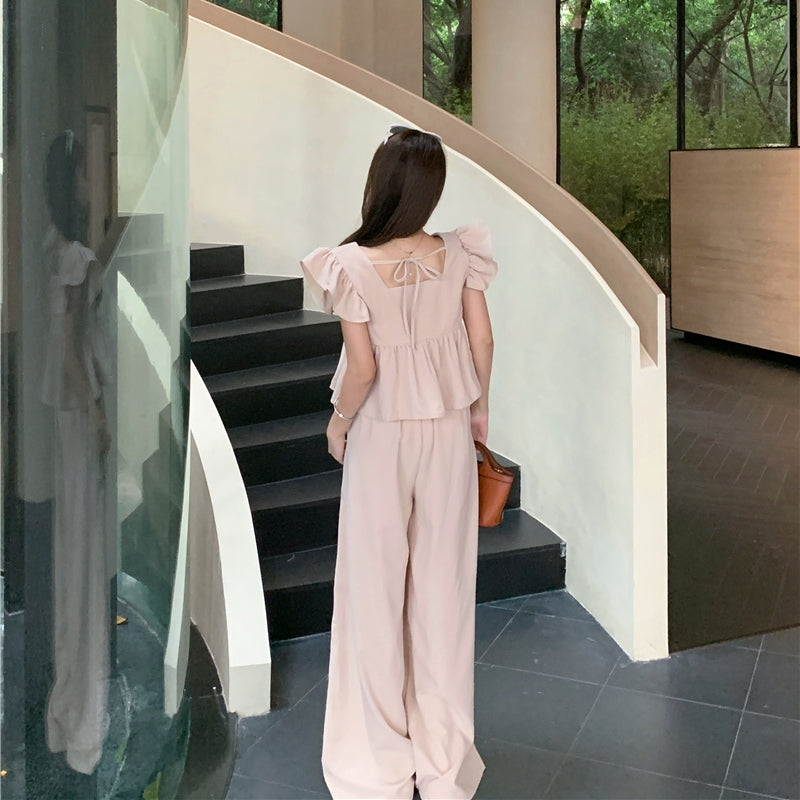 【Set】フライングスリーブトップ+カジュアルパンツ2点セット T0659