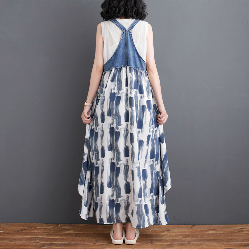 【Dress】デニム切り替えサロペットワンピース T01076
