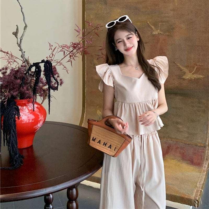 【Set】フライングスリーブトップ+カジュアルパンツ2点セット T0659