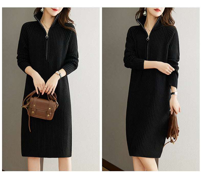【Dress】ファスナーデザインフェミニン無地ニットワンピース T-0052
