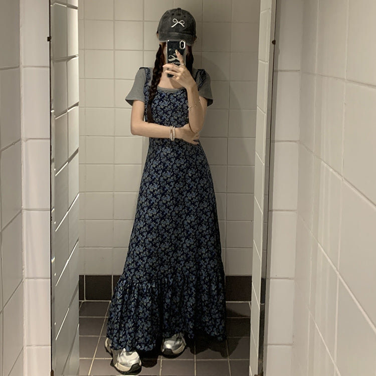 【Set】花柄キャミソールワンピース+Tシャツ2点セット T0650