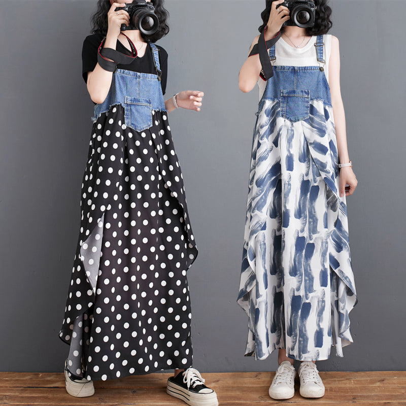【Dress】デニム切り替えサロペットワンピース T01076