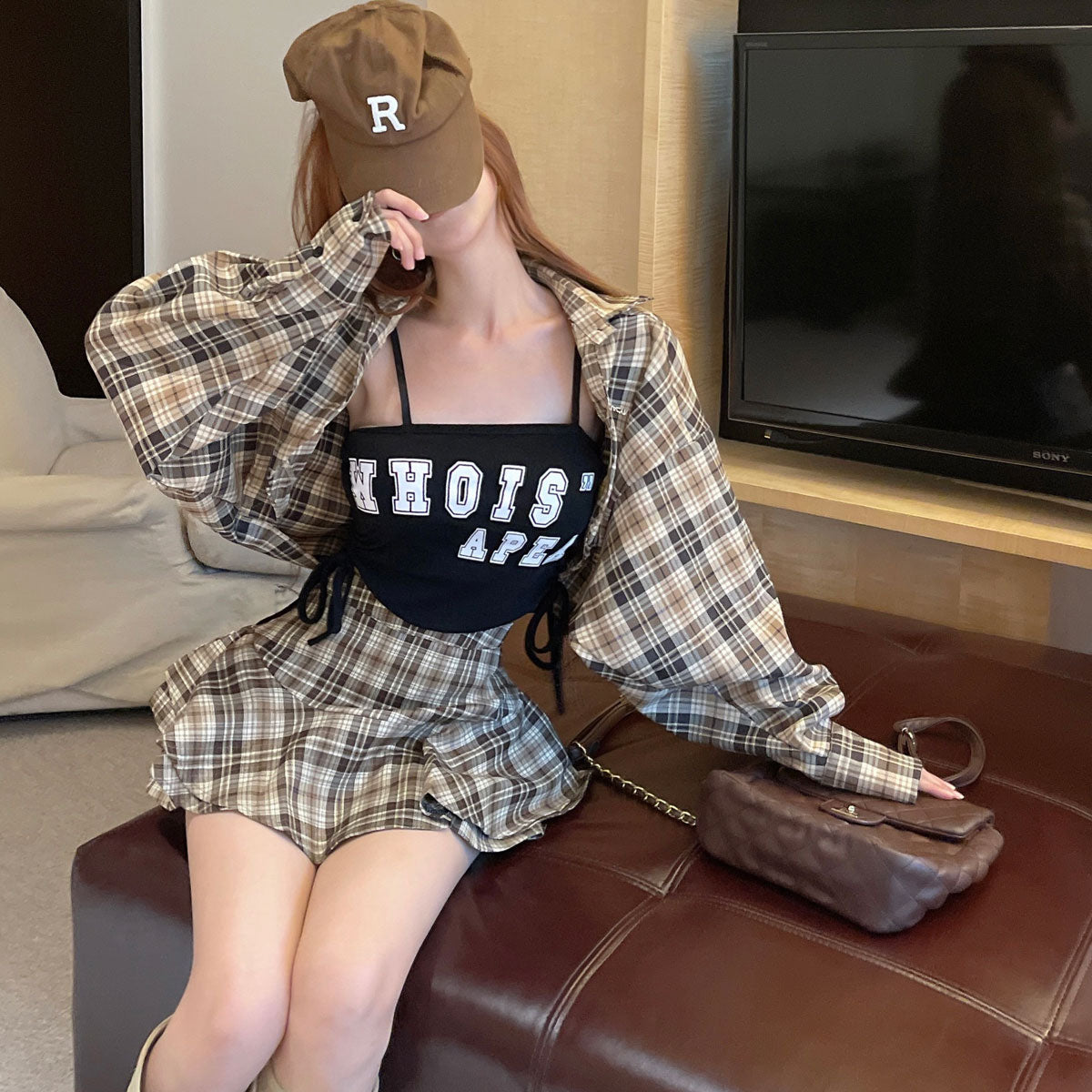 【Set】チェック柄3点セット シャツ+キャミソール+キュロット T0636