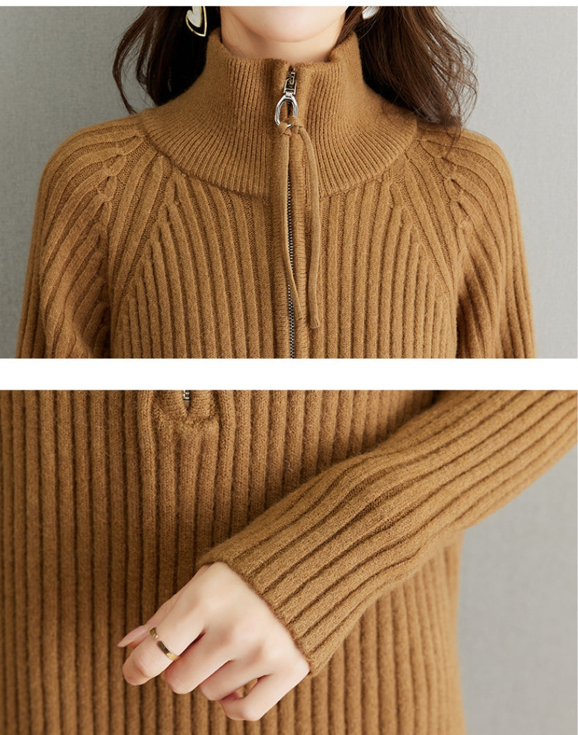 【Dress】ファスナーデザインフェミニン無地ニットワンピース T-0052