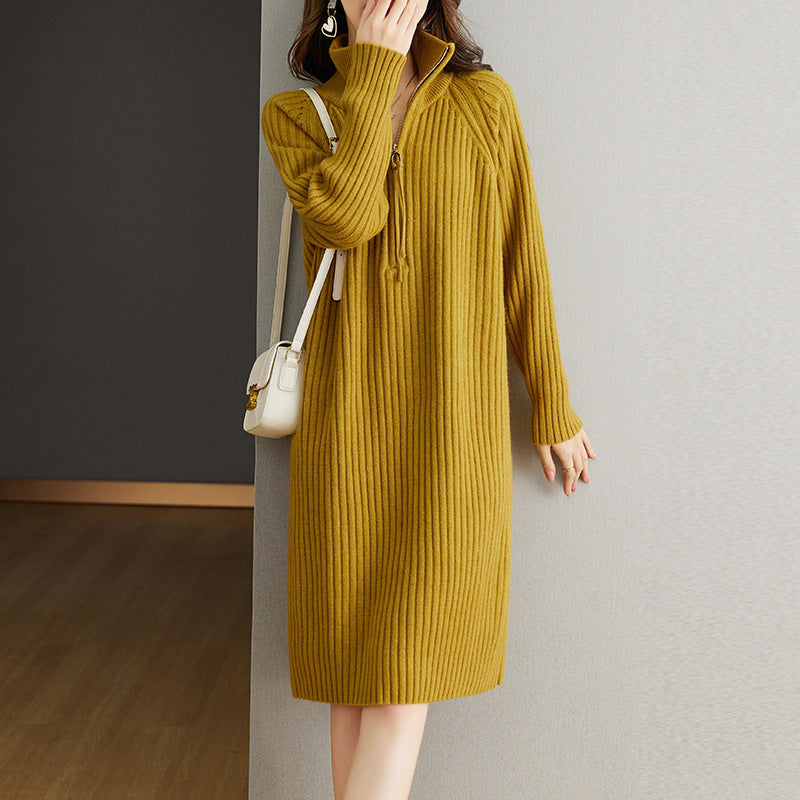 【Dress】ファスナーデザインフェミニン無地ニットワンピース T-0052