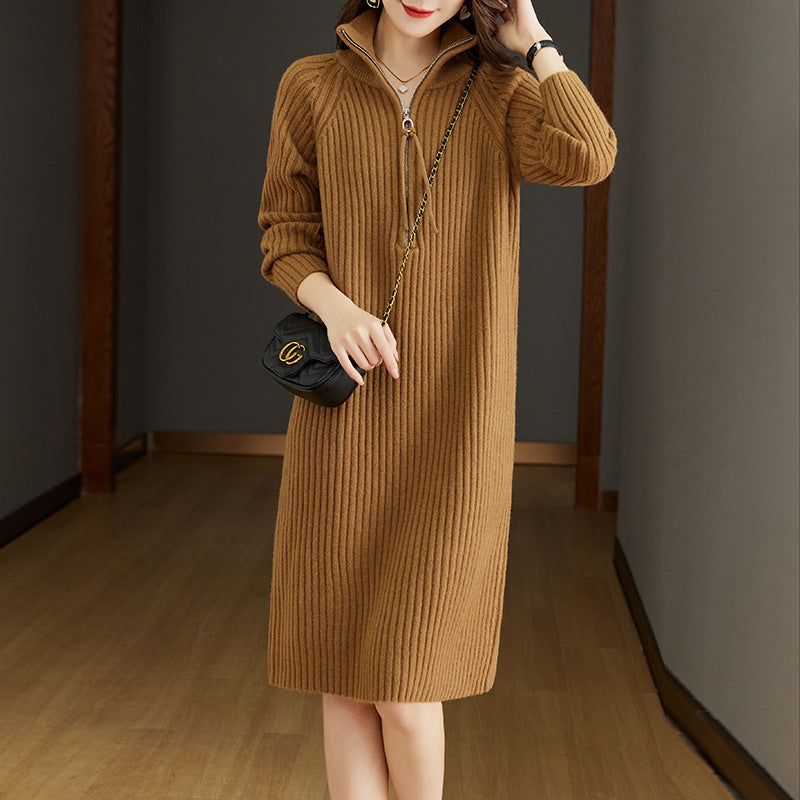 【Dress】ファスナーデザインフェミニン無地ニットワンピース T-0052