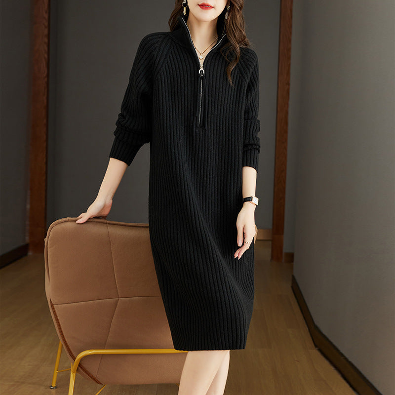 【Dress】ファスナーデザインフェミニン無地ニットワンピース T-0052