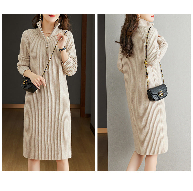 【Dress】ファスナーデザインフェミニン無地ニットワンピース T-0052