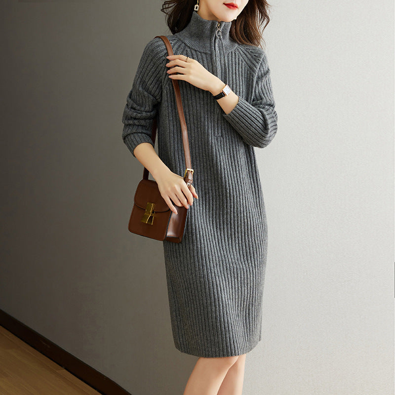 【Dress】ファスナーデザインフェミニン無地ニットワンピース T-0052