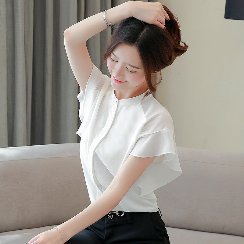 【Tops】新作アイテム~韓国ファッションins風フリル夏シフォンブラウス2色展開 W-5375