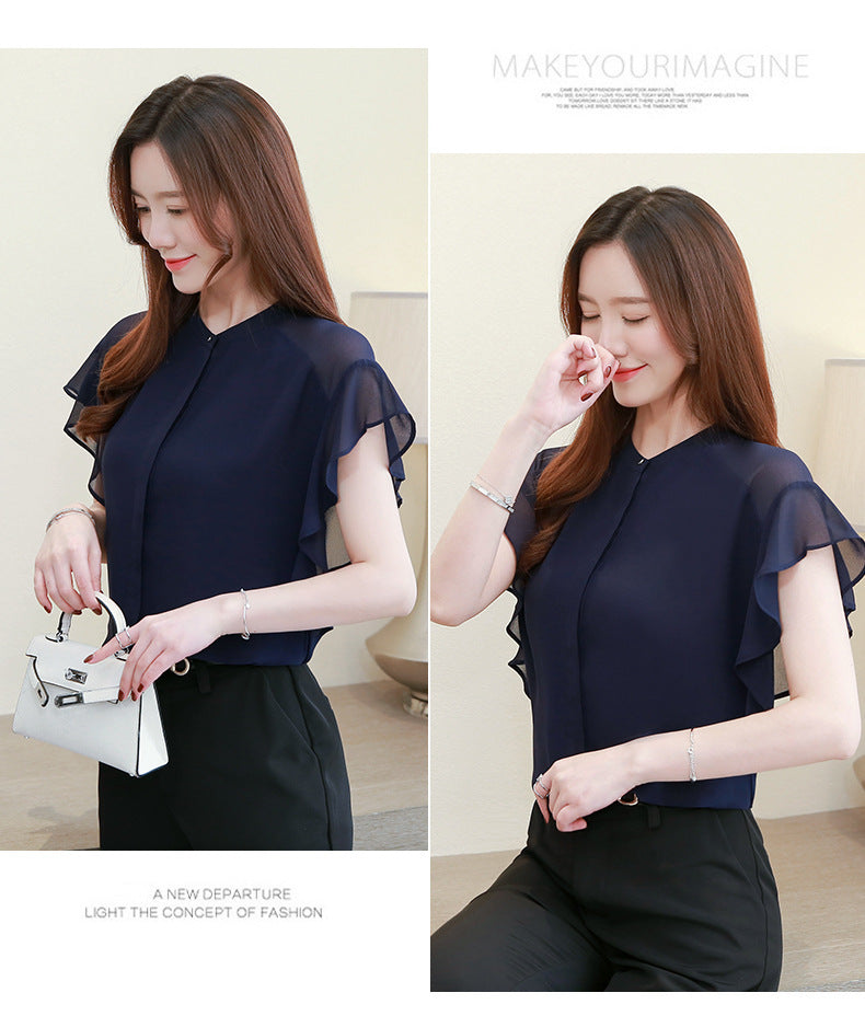 【Tops】新作アイテム~韓国ファッションins風フリル夏シフォンブラウス2色展開 W-5375